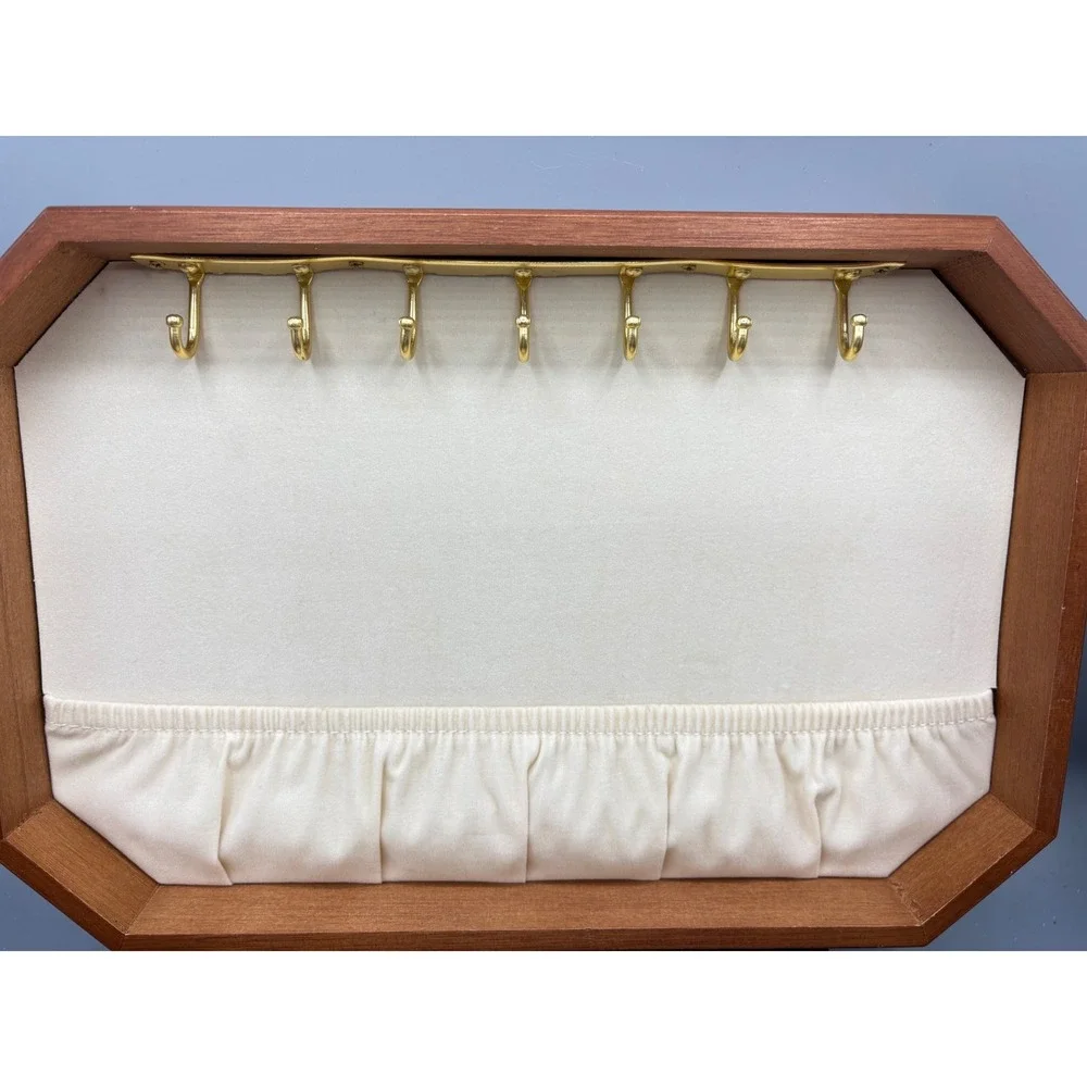 Vintage Wooden‎ Jewelry Box Insert Necklace Hooks Ring Tray Large Hinged